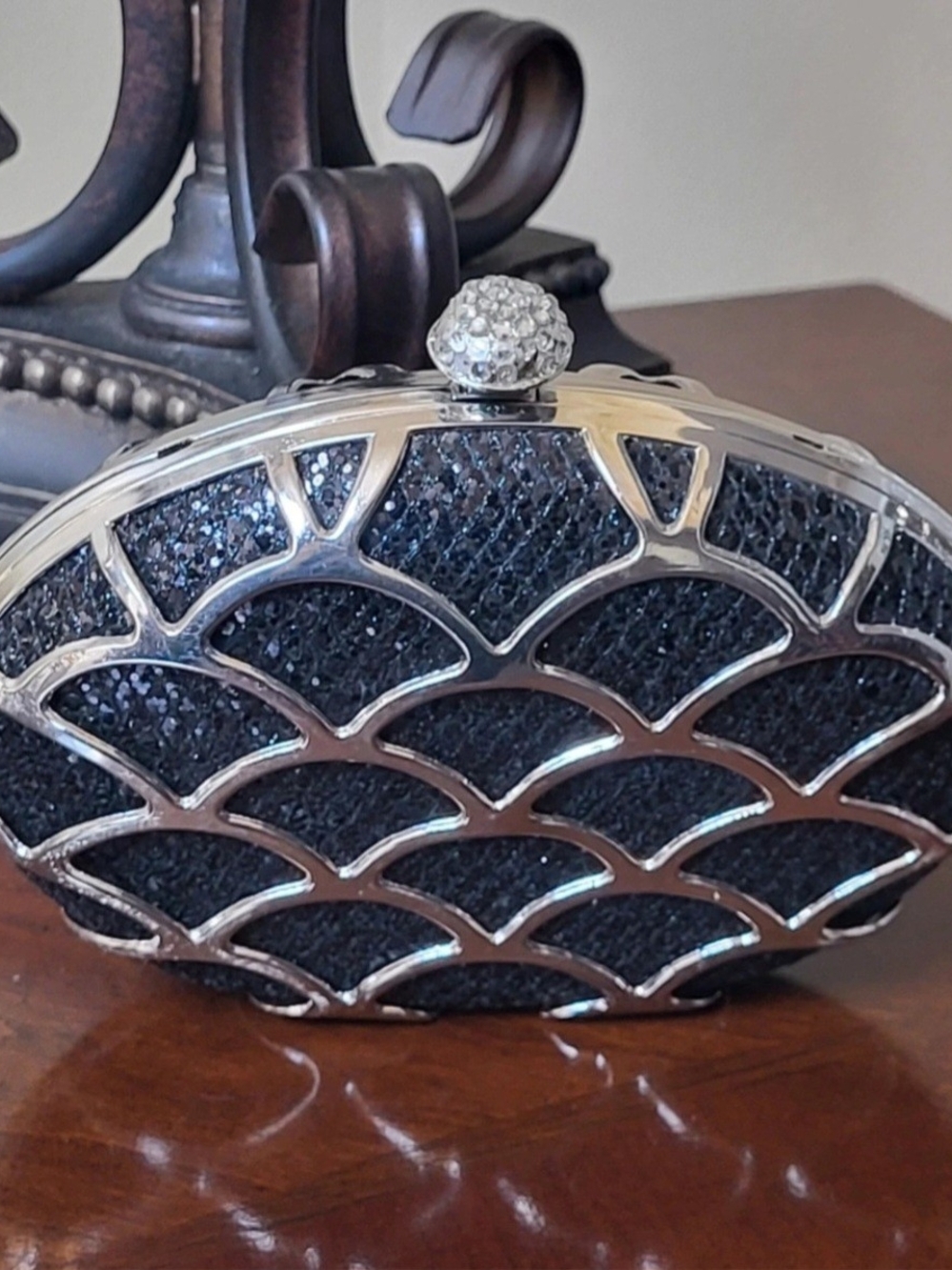 Charming Charlie Black Sparkle Clutch with Silver Lattice